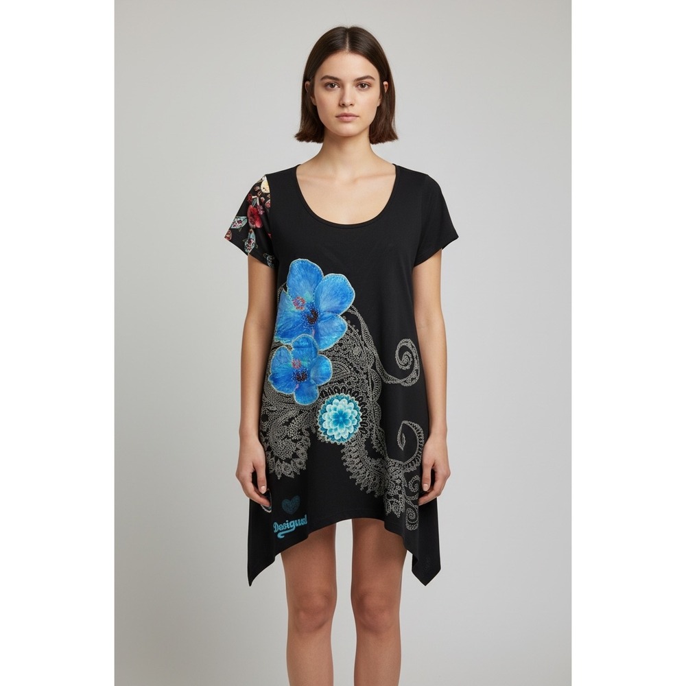 Desigual Womens Black Floral Paisley Handkerchief Hem Tunic Top Size M